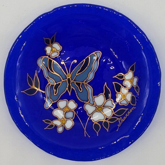 Signed Blue Cobalt Enameled Hand Painted Butterfly Floral Art Glass Trinket Dish - Picture 8 of 9